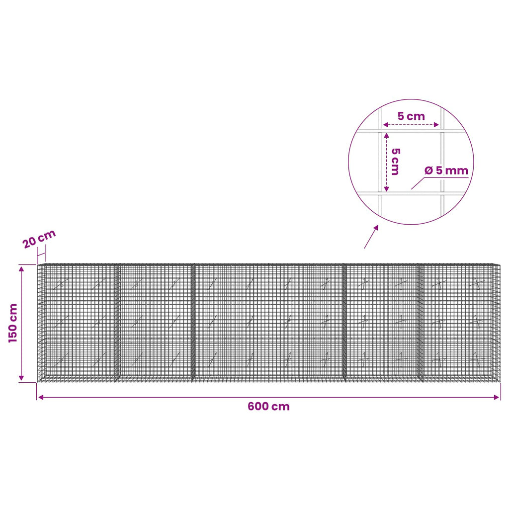 vidaXL Gabion z drutu 5 mm i siatką 5x5 cm 600x20x150 cm