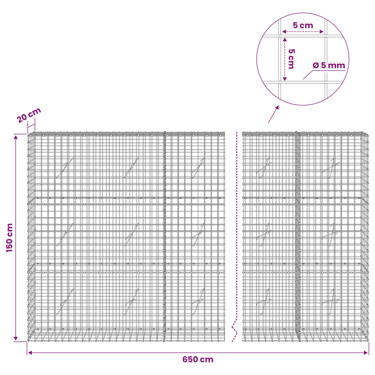vidaXL Gabion z drutu 5 mm i siatką 5x5 cm 650x20x150 cm