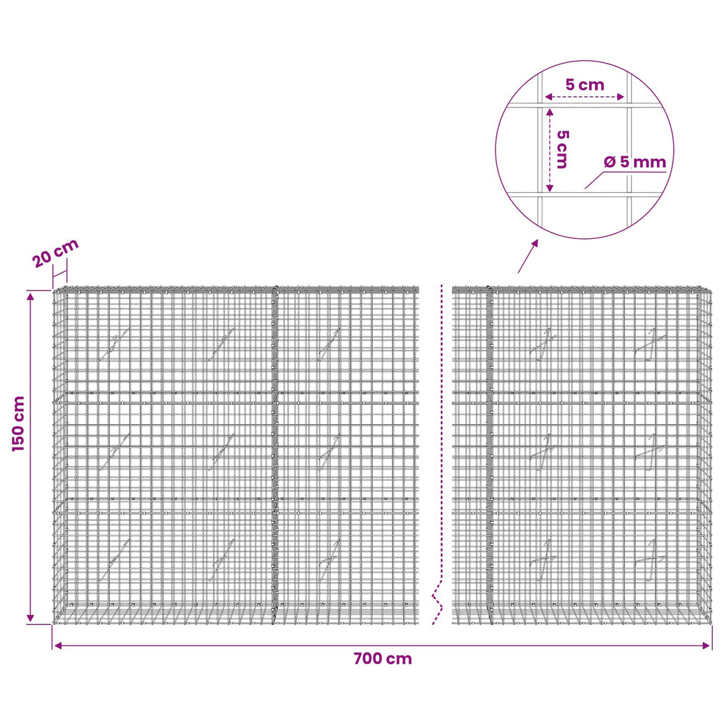 vidaXL Gabion z drutu 5 mm i siatką 5x5 cm 700x20x150 cm