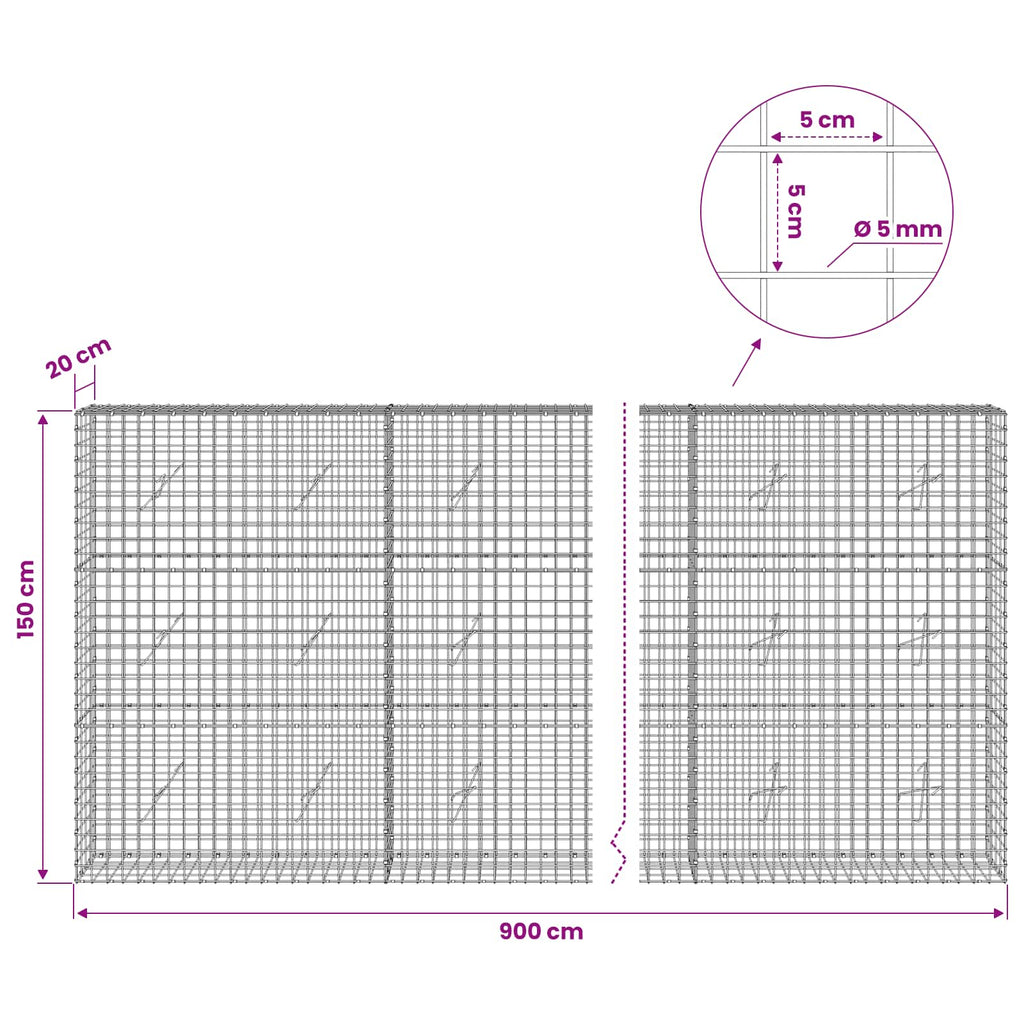 vidaXL Gabion z drutu 5 mm i siatką 5x5 cm 900x20x150 cm