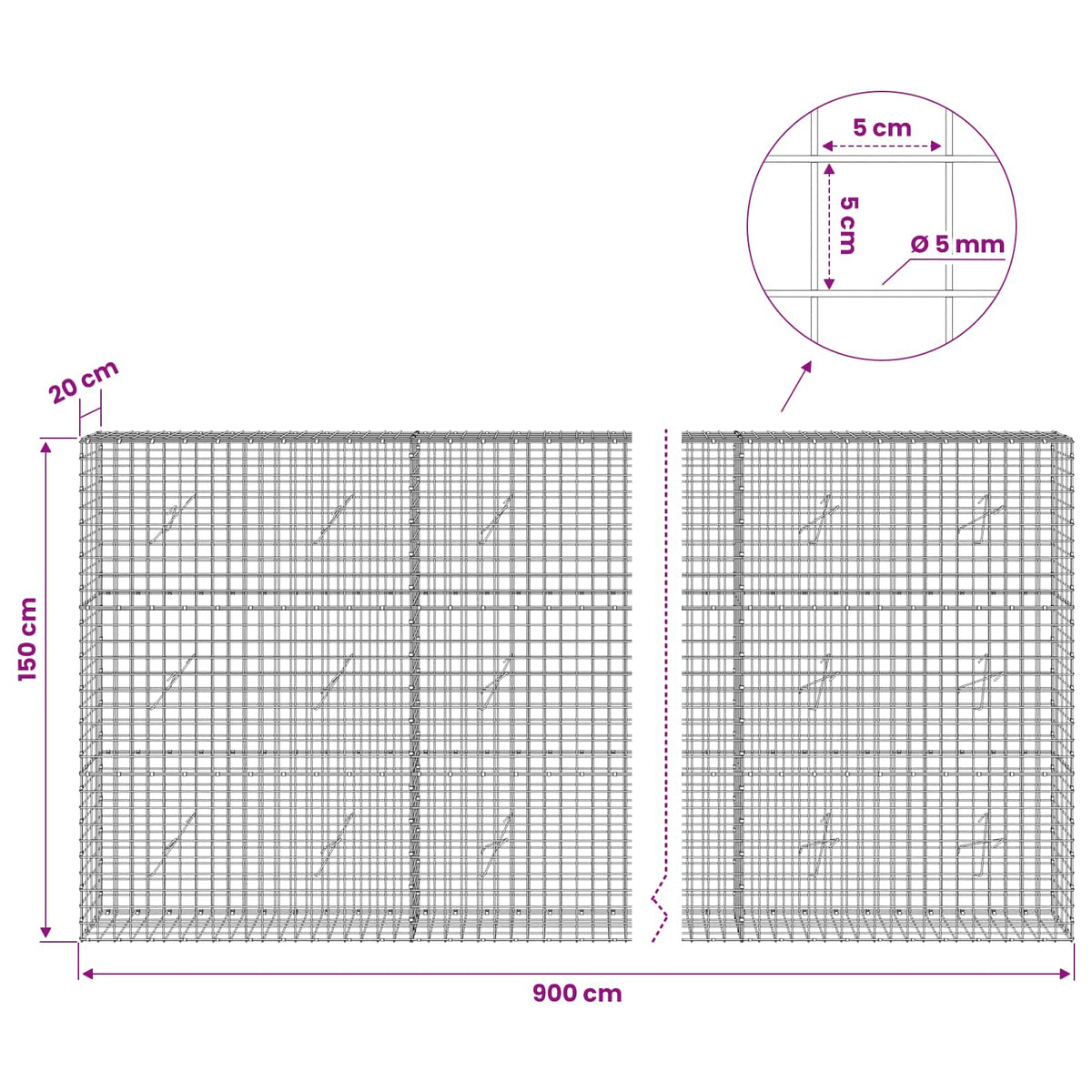 vidaXL Gabion z drutu 5 mm i siatką 5x5 cm 900x20x150 cm