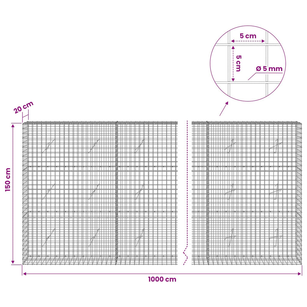 vidaXL Gabion z drutu 5 mm i siatką 5x5 cm 1000x20x150 cm