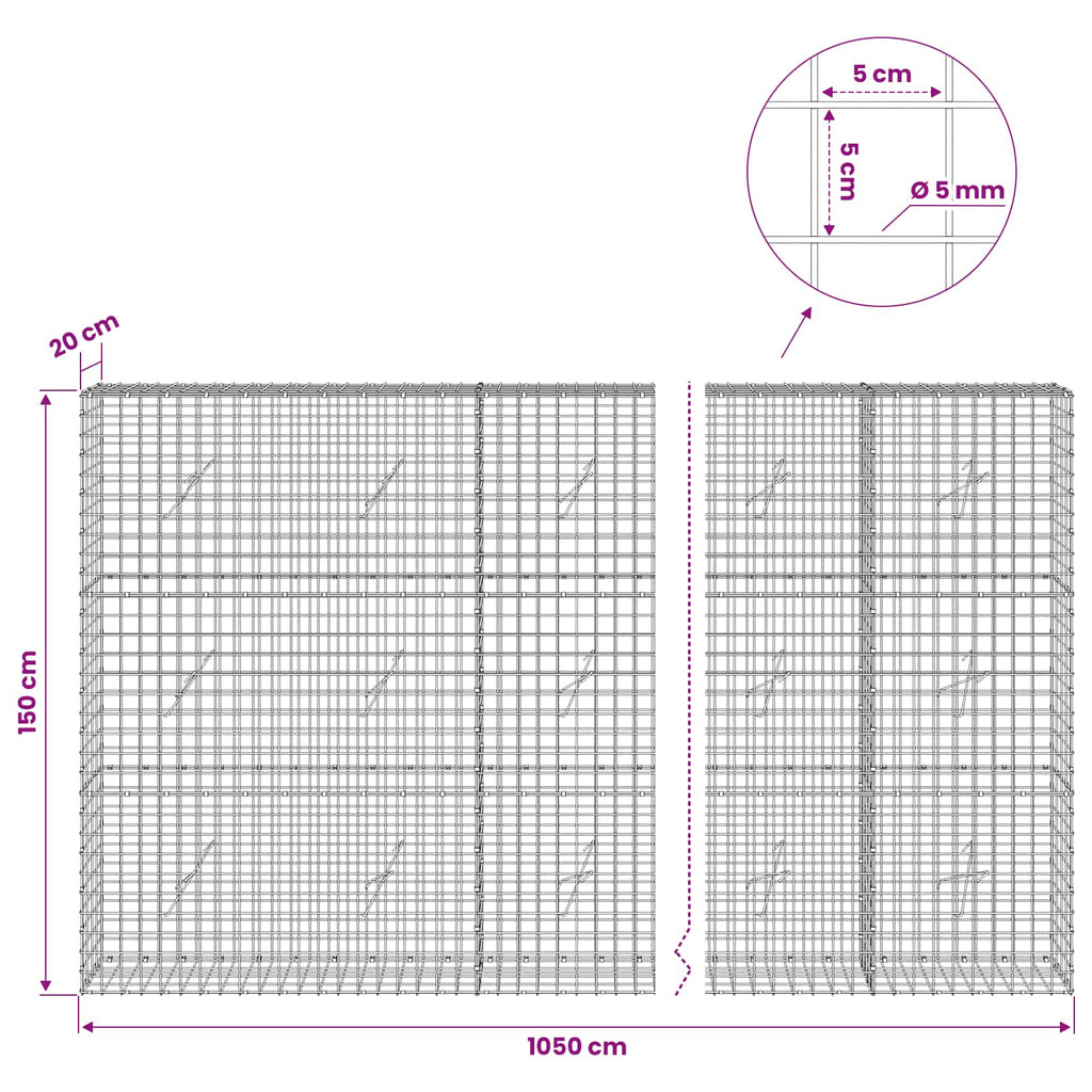 vidaXL Gabion z drutu 5 mm i siatką 5x5 cm 1050x20x150 cm