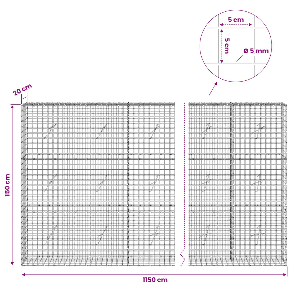 vidaXL Gabion z drutu 5 mm i siatką 5x5 cm 1150x20x150 cm