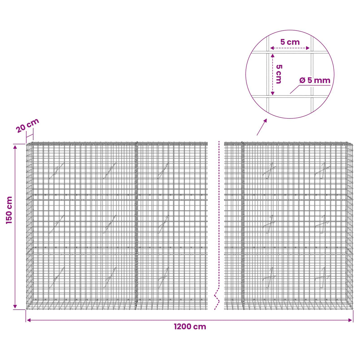 vidaXL Gabion z drutu 5 mm i siatką 5x5 cm 1200x20x150 cm