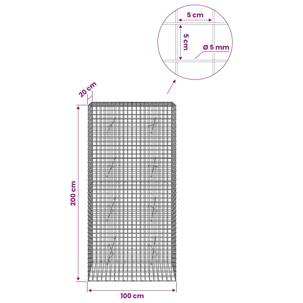 vidaXL Gabion z drutu 5 mm i siatką 5x5 cm 100x20x200 cm