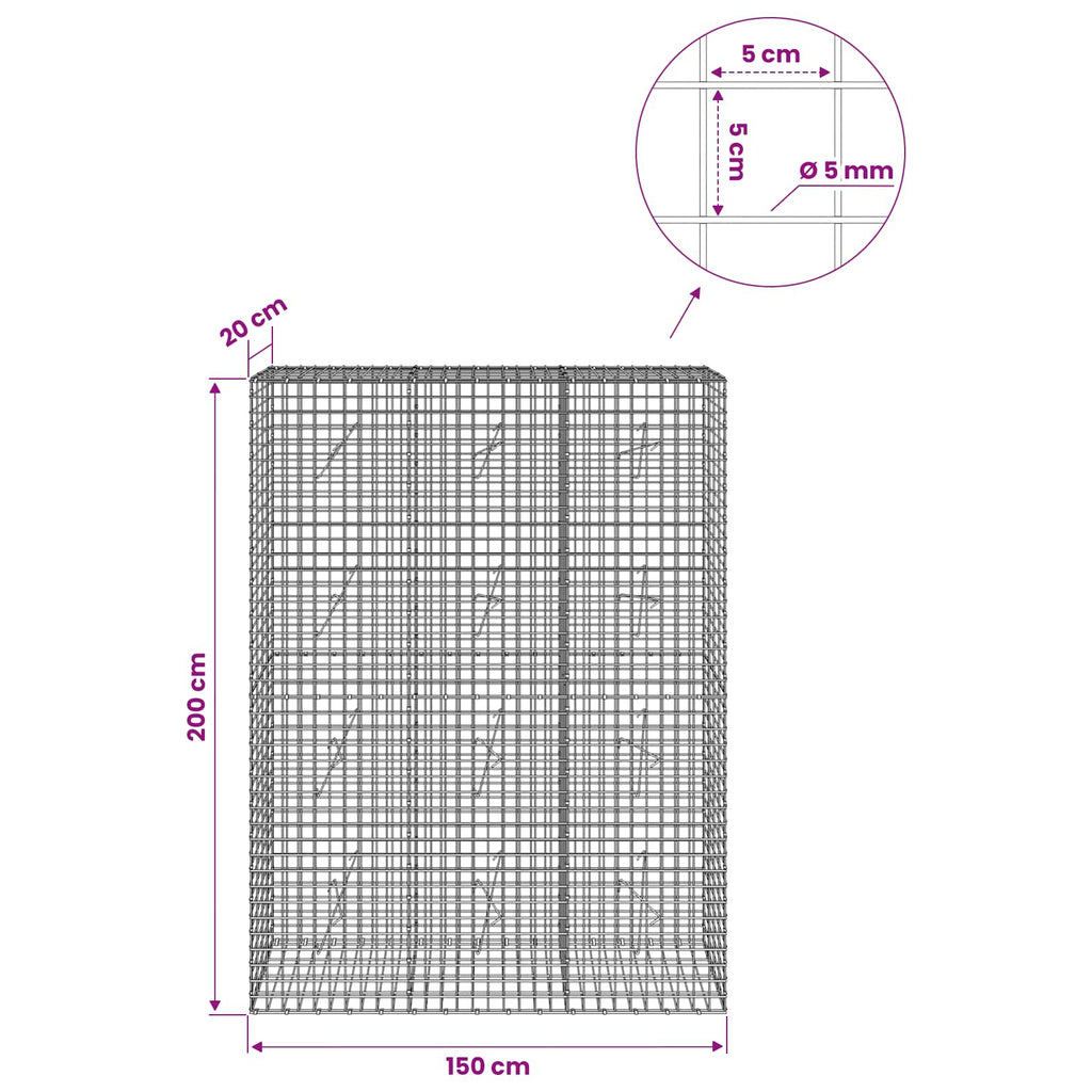 vidaXL Gabion z drutu 5 mm i siatką 5x5 cm 150x20x200 cm