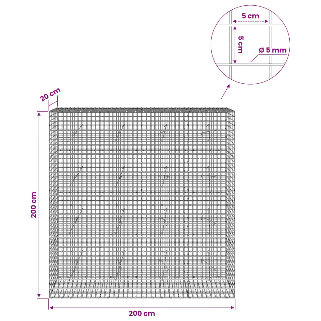 vidaXL Gabion z drutu 5 mm i siatką 5x5 cm 200x20x200 cm