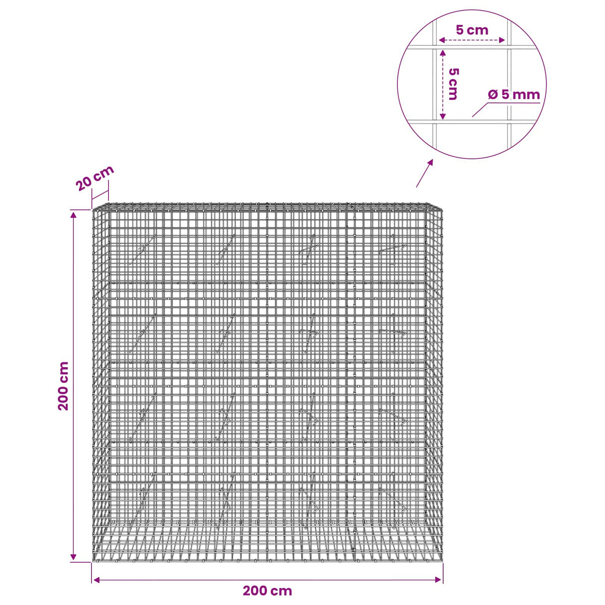 vidaXL Gabion z drutu 5 mm i siatką 5x5 cm 200x20x200 cm