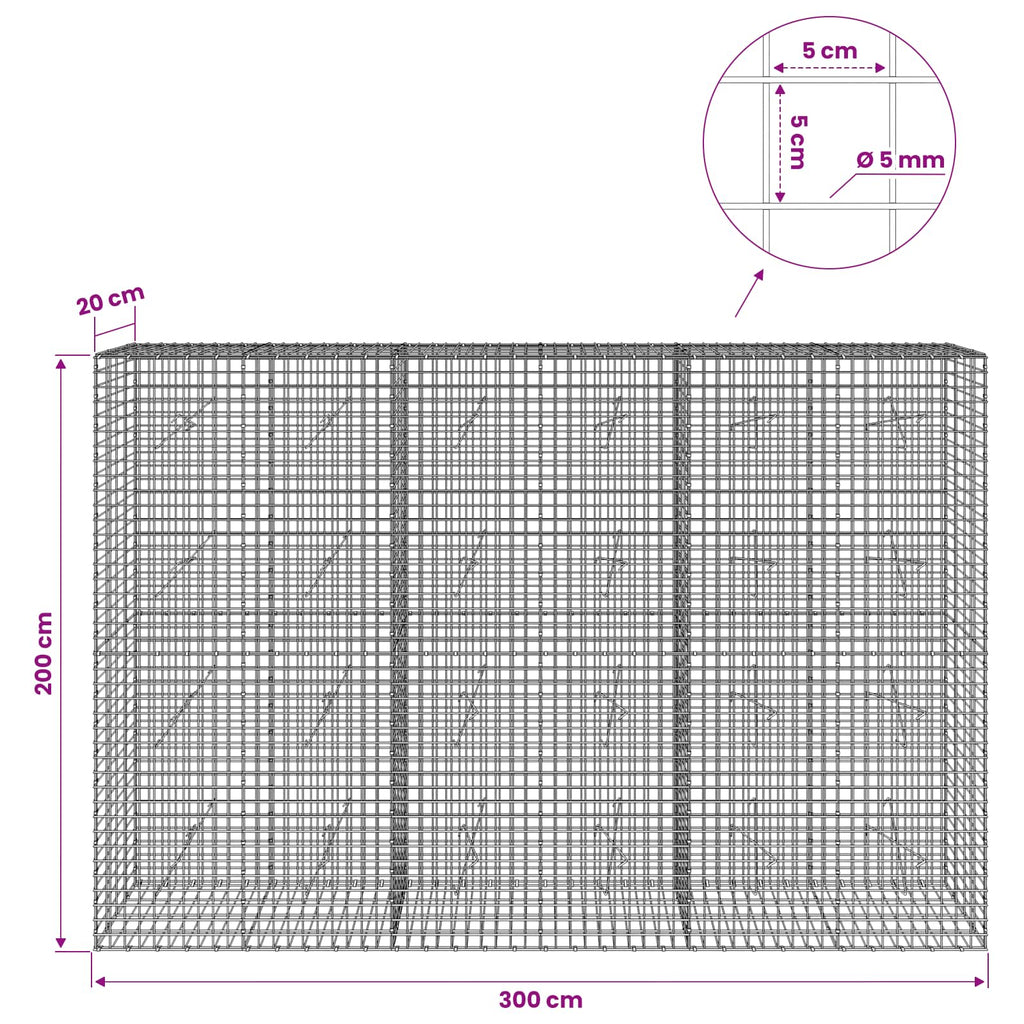 vidaXL Gabion z drutu 5 mm i siatką 5x5 cm 300x20x200 cm
