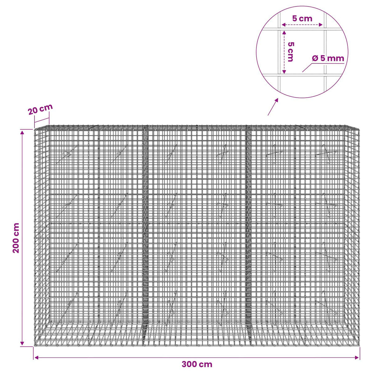 vidaXL Gabion z drutu 5 mm i siatką 5x5 cm 300x20x200 cm