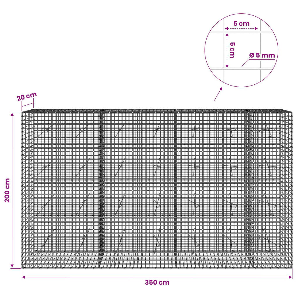 vidaXL Gabion z drutu 5 mm i siatką 5x5 cm 350x20x200 cm