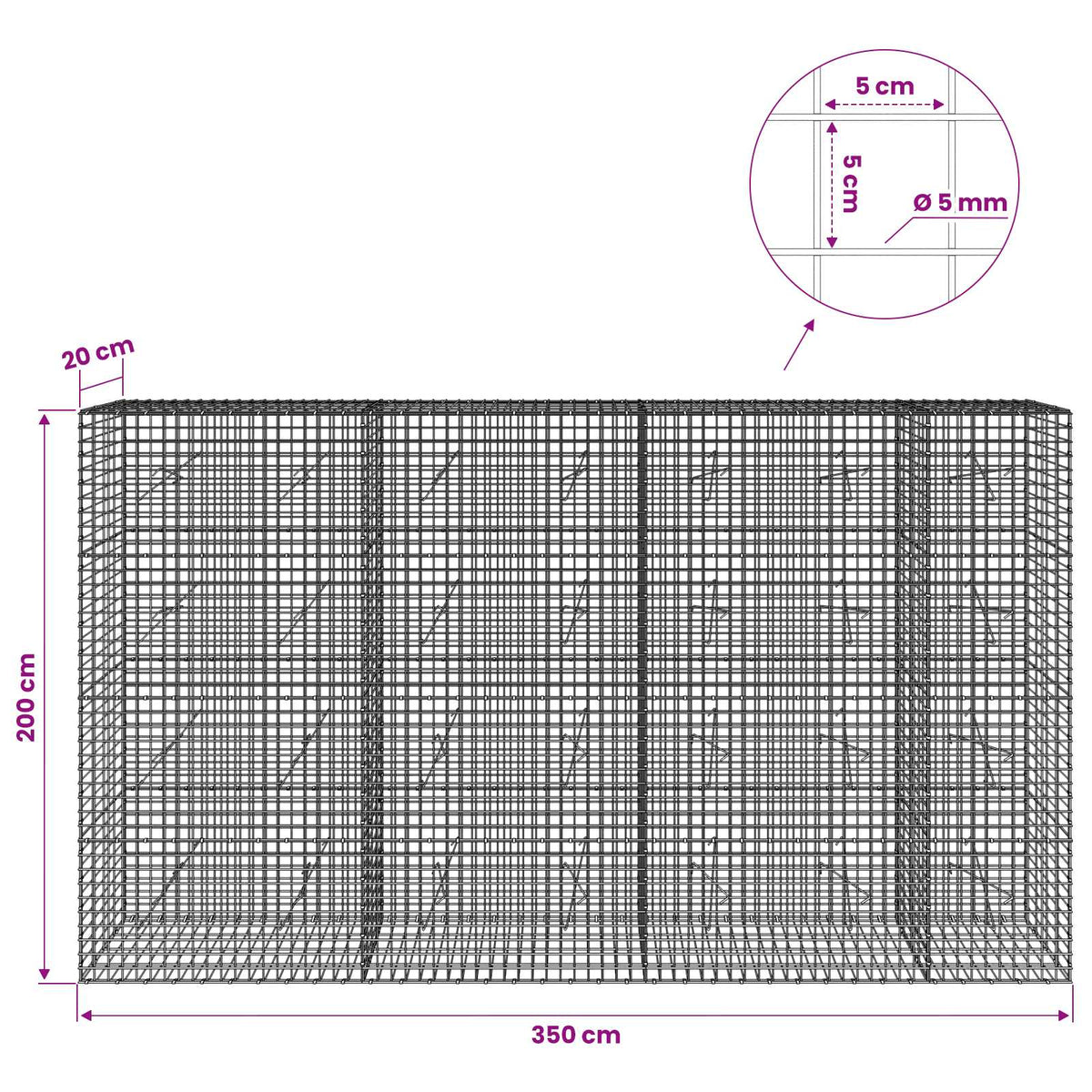 vidaXL Gabion z drutu 5 mm i siatką 5x5 cm 350x20x200 cm