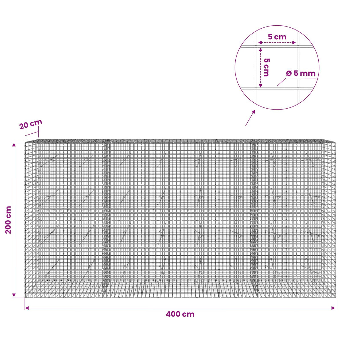 vidaXL Gabion z drutu 5 mm i siatką 5x5 cm 400x20x200 cm