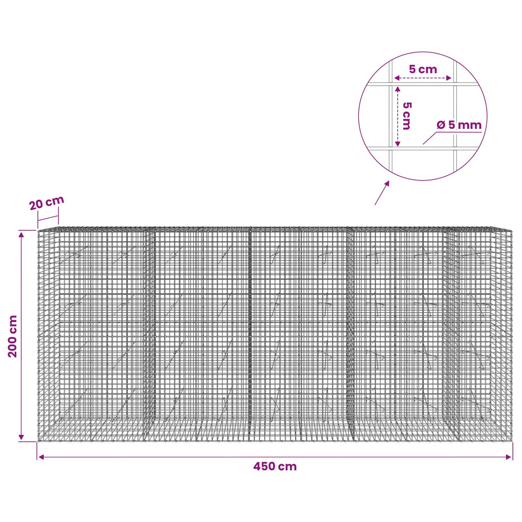 vidaXL Gabion z drutu 5 mm i siatką 5x5 cm 450x20x200 cm