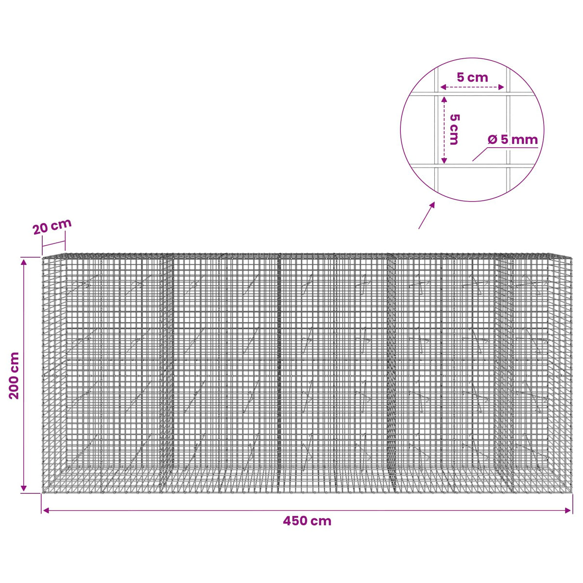 vidaXL Gabion z drutu 5 mm i siatką 5x5 cm 450x20x200 cm