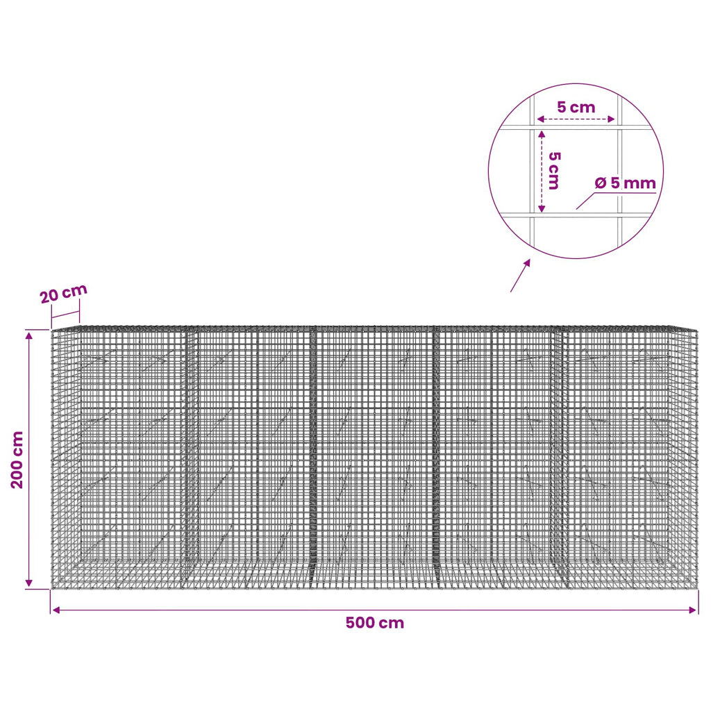 vidaXL Gabion z drutu 5 mm i siatką 5x5 cm 500x20x200 cm