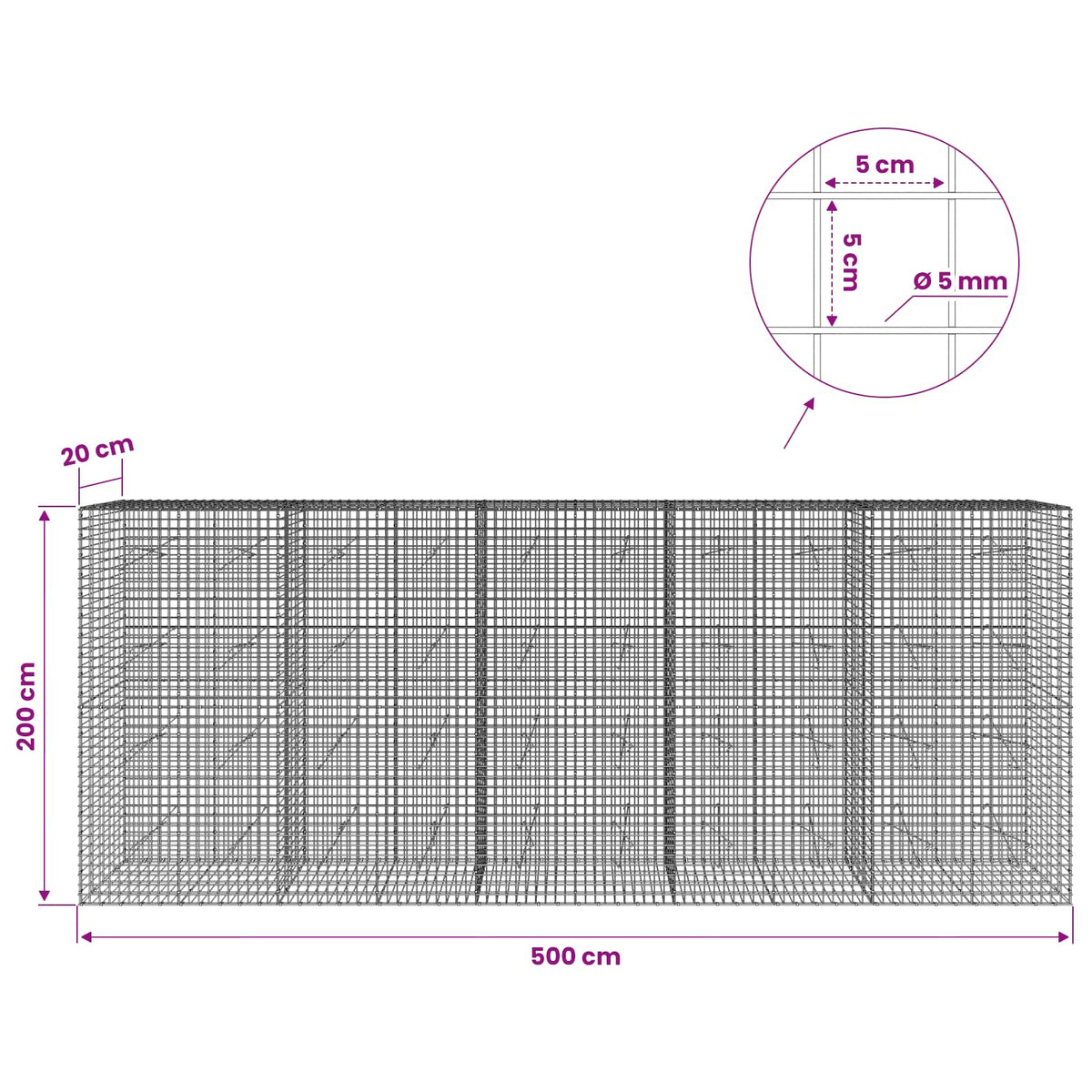 vidaXL Gabion z drutu 5 mm i siatką 5x5 cm 500x20x200 cm