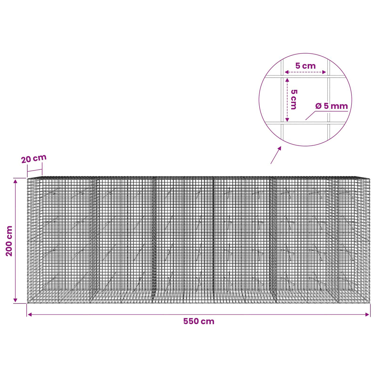 vidaXL Gabion z drutu 5 mm i siatką 5x5 cm 550x20x200 cm