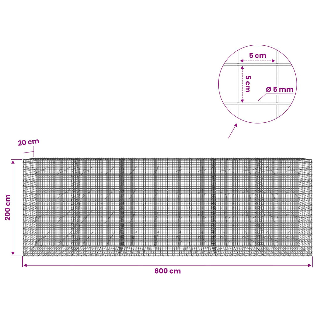 vidaXL Gabion z drutu 5 mm i siatką 5x5 cm 600x20x200 cm