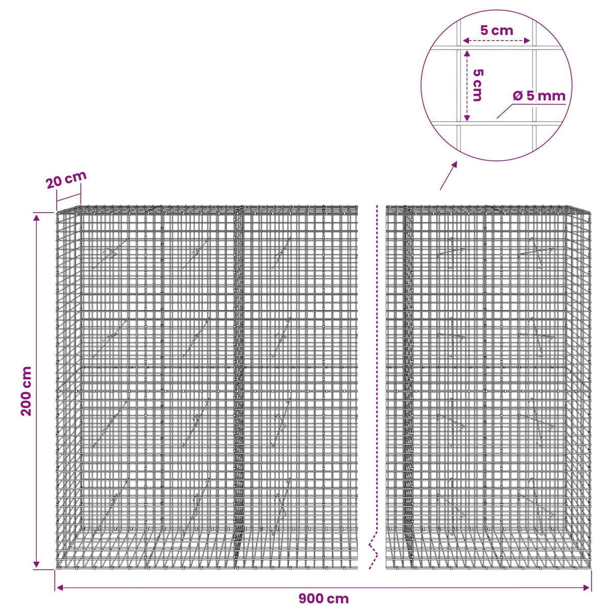 vidaXL Gabion z drutu 5 mm i siatką 5x5 cm 900x20x200 cm