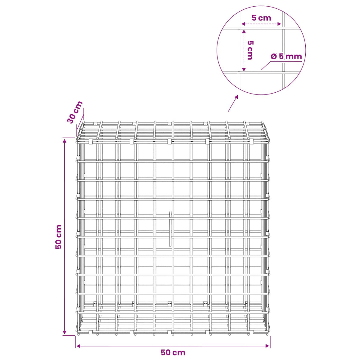 vidaXL Gabion z drutu 5 mm i siatką 5x5 cm 50x30x50 cm Stal ocynkowana