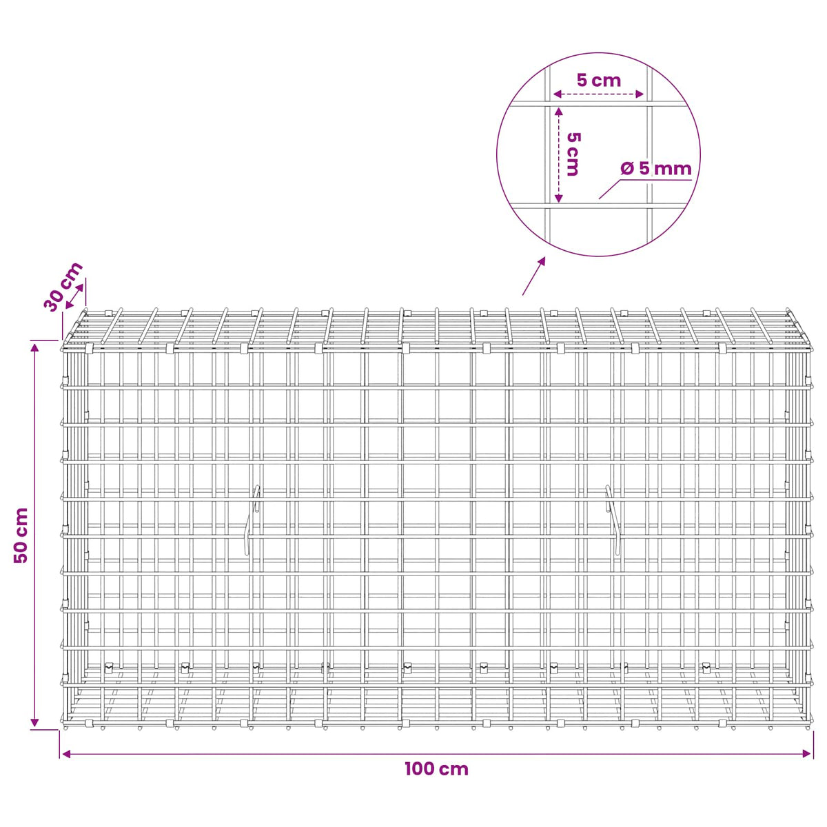 vidaXL Gabion z drutu 5 mm i siatką 5x5 cm 100x30x50 cm