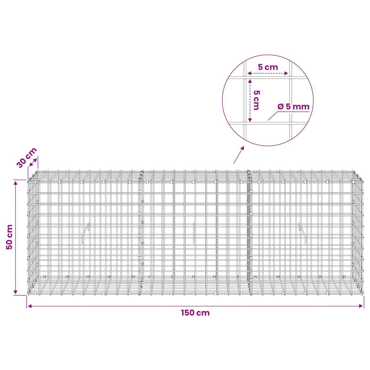 vidaXL Gabion z drutu 5 mm i siatką 5x5 cm 150x30x50 cm