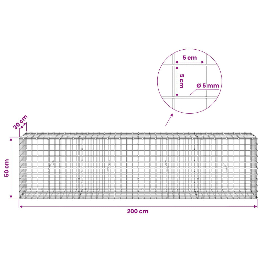 vidaXL Gabion z drutu 5 mm i siatką 5x5 cm 200x30x50 cm