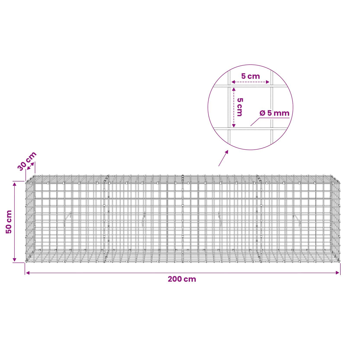 vidaXL Gabion z drutu 5 mm i siatką 5x5 cm 200x30x50 cm