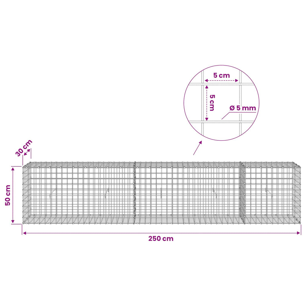 vidaXL Gabion z drutu 5 mm i siatką 5x5 cm 250x30x50 cm