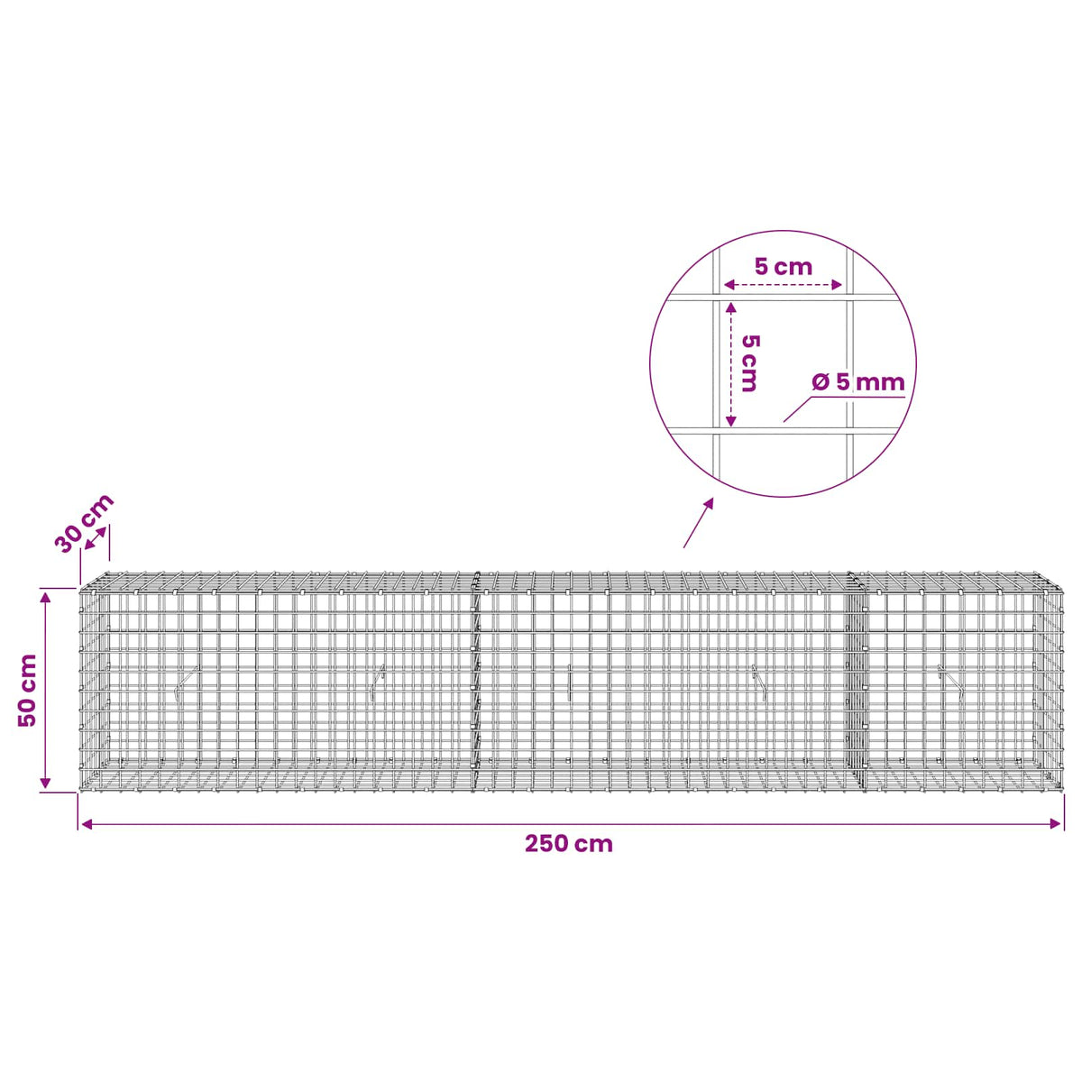 vidaXL Gabion z drutu 5 mm i siatką 5x5 cm 250x30x50 cm