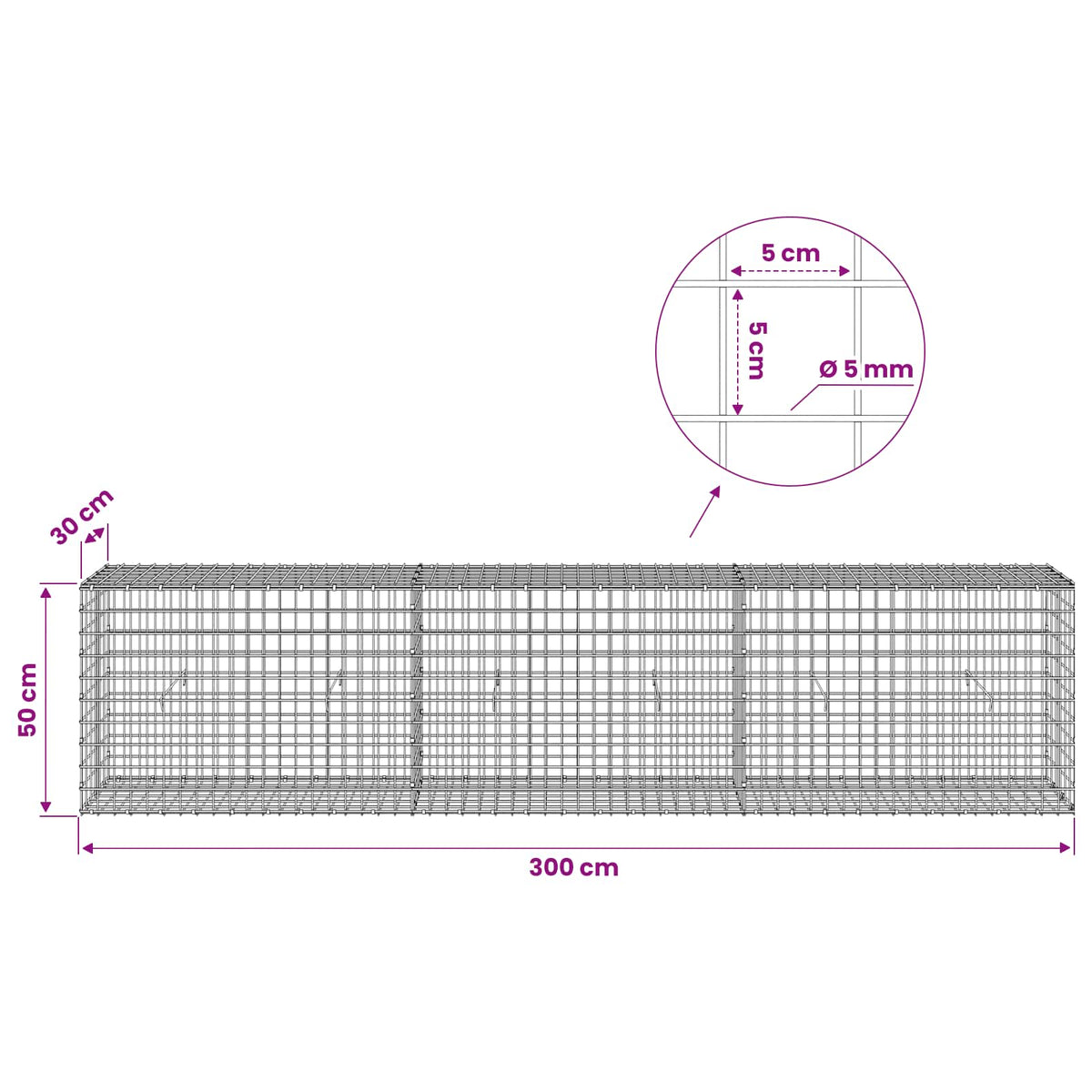 vidaXL Gabion z drutu 5 mm i siatką 5x5 cm 300x30x50 cm