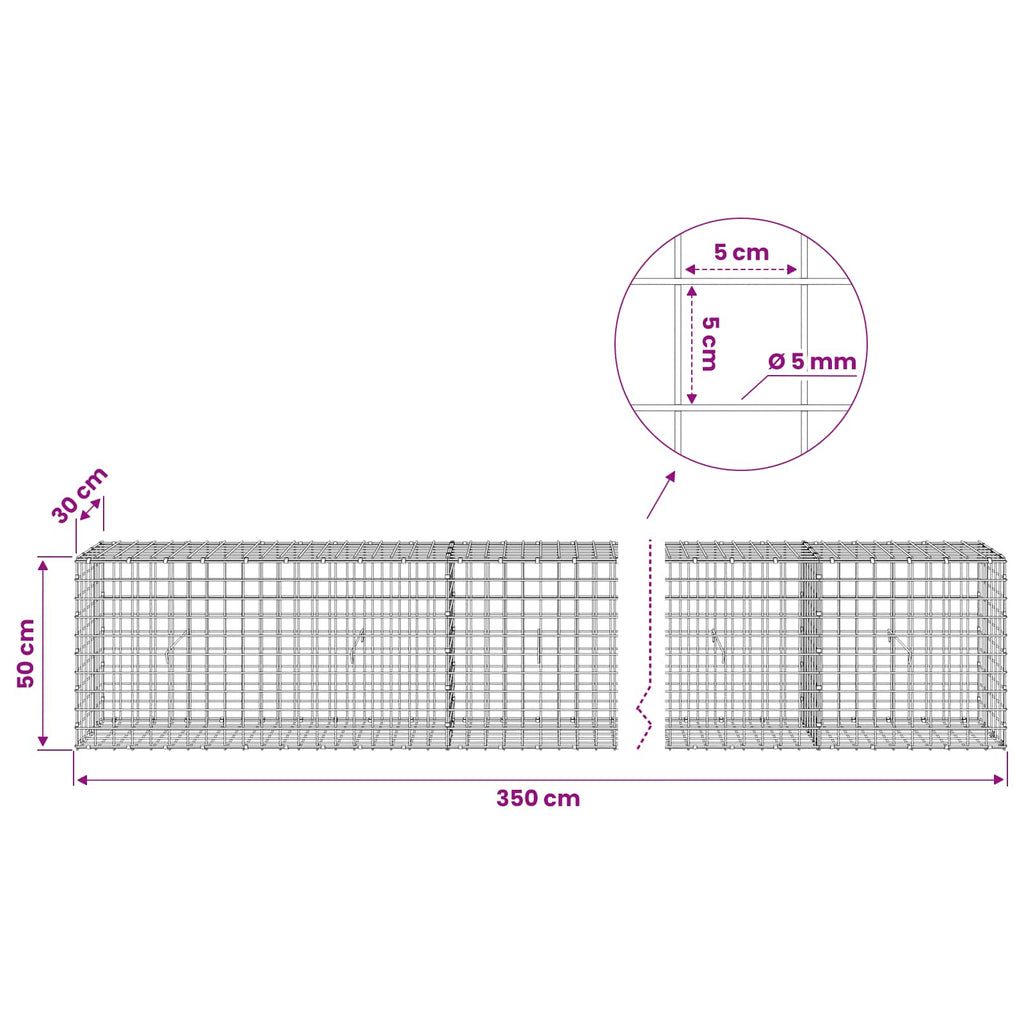 vidaXL Gabion z drutu 5 mm i siatką 5x5 cm 350x30x50 cm