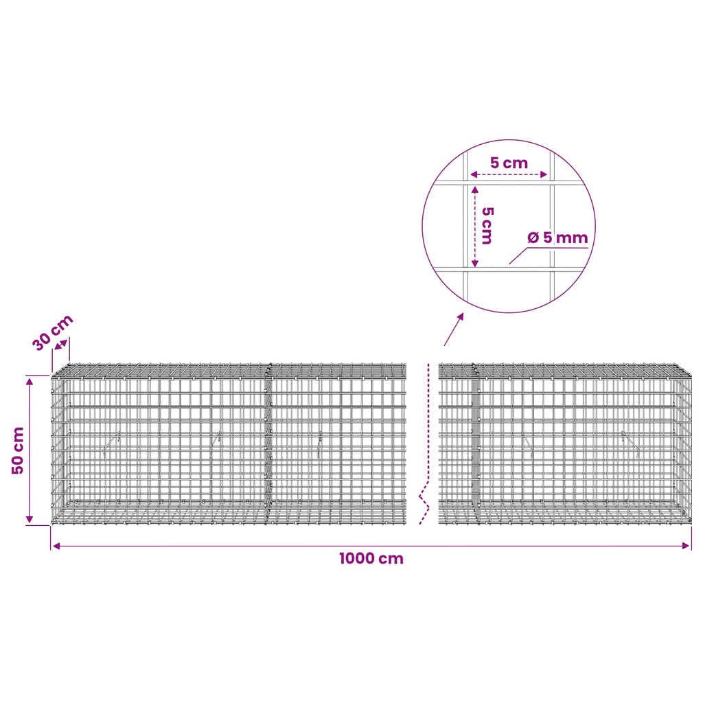 vidaXL Gabion z drutu 5 mm i siatką 5x5 cm 1000x30x50 cm