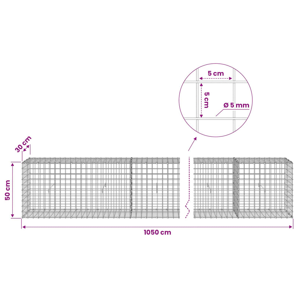 vidaXL Gabion z drutu 5 mm i siatką 5x5 cm 1050x30x50 cm