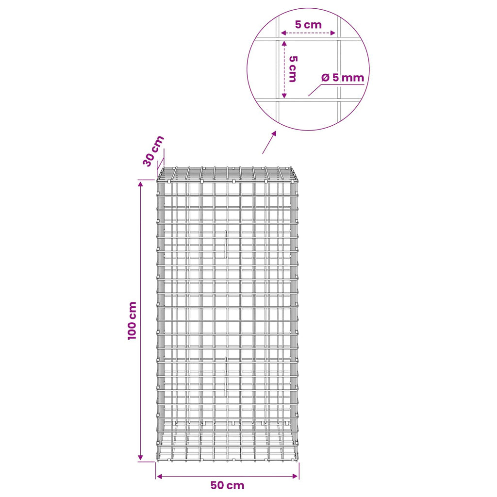 vidaXL Gabion z drutu 5 mm i siatką 5x5 cm 50x30x100 cm