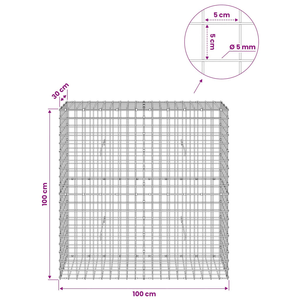 vidaXL Gabion z drutu 5 mm i siatką 5x5 cm 100x30x100 cm