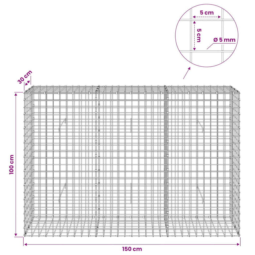 vidaXL Gabion z drutu 5 mm i siatką 5x5 cm 150x30x100 cm
