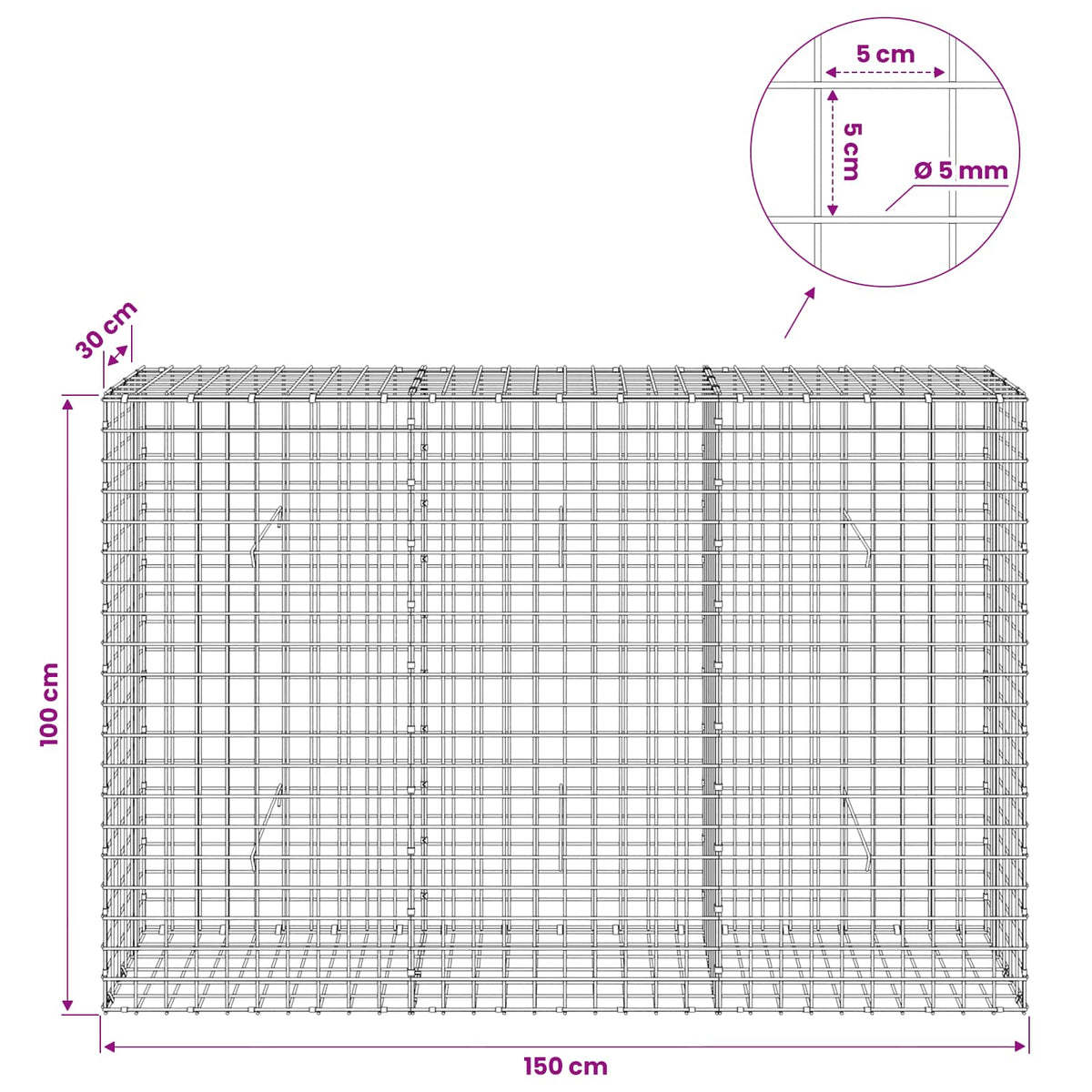 vidaXL Gabion z drutu 5 mm i siatką 5x5 cm 150x30x100 cm