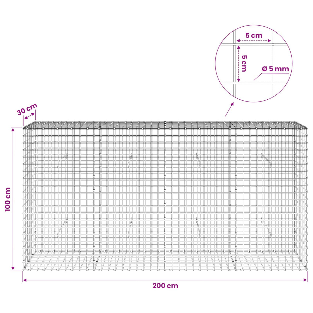 vidaXL Gabion z drutu 5 mm i siatką 5x5 cm 200x30x100 cm