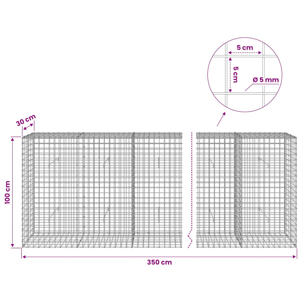 vidaXL Gabion z drutu 5 mm i siatką 5x5 cm 350x30x100 cm