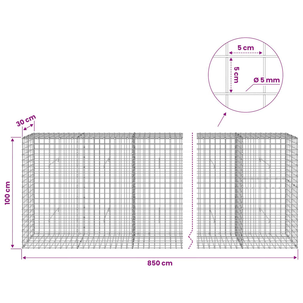 vidaXL Gabion z drutu 5 mm i siatką 5x5 cm 850x30x100 cm