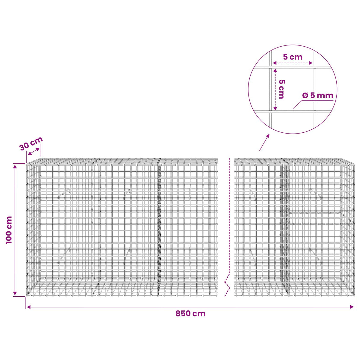 vidaXL Gabion z drutu 5 mm i siatką 5x5 cm 850x30x100 cm