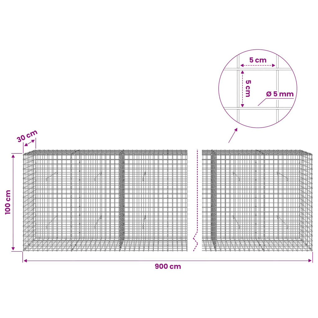 vidaXL Gabion z drutu 5 mm i siatką 5x5 cm 900x30x100 cm