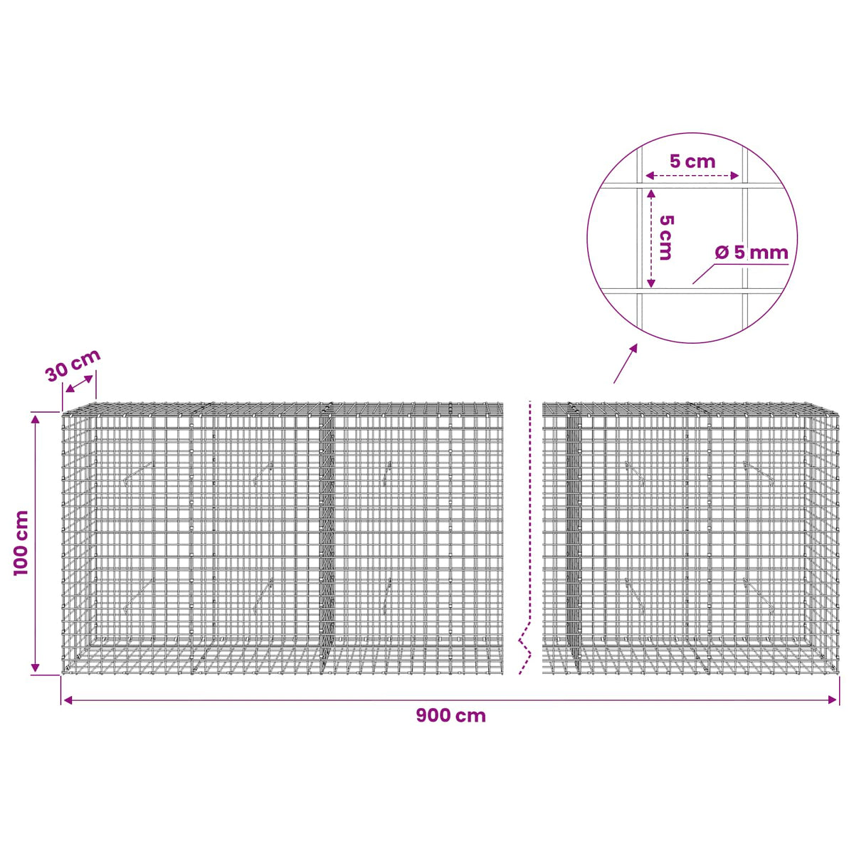vidaXL Gabion z drutu 5 mm i siatką 5x5 cm 900x30x100 cm