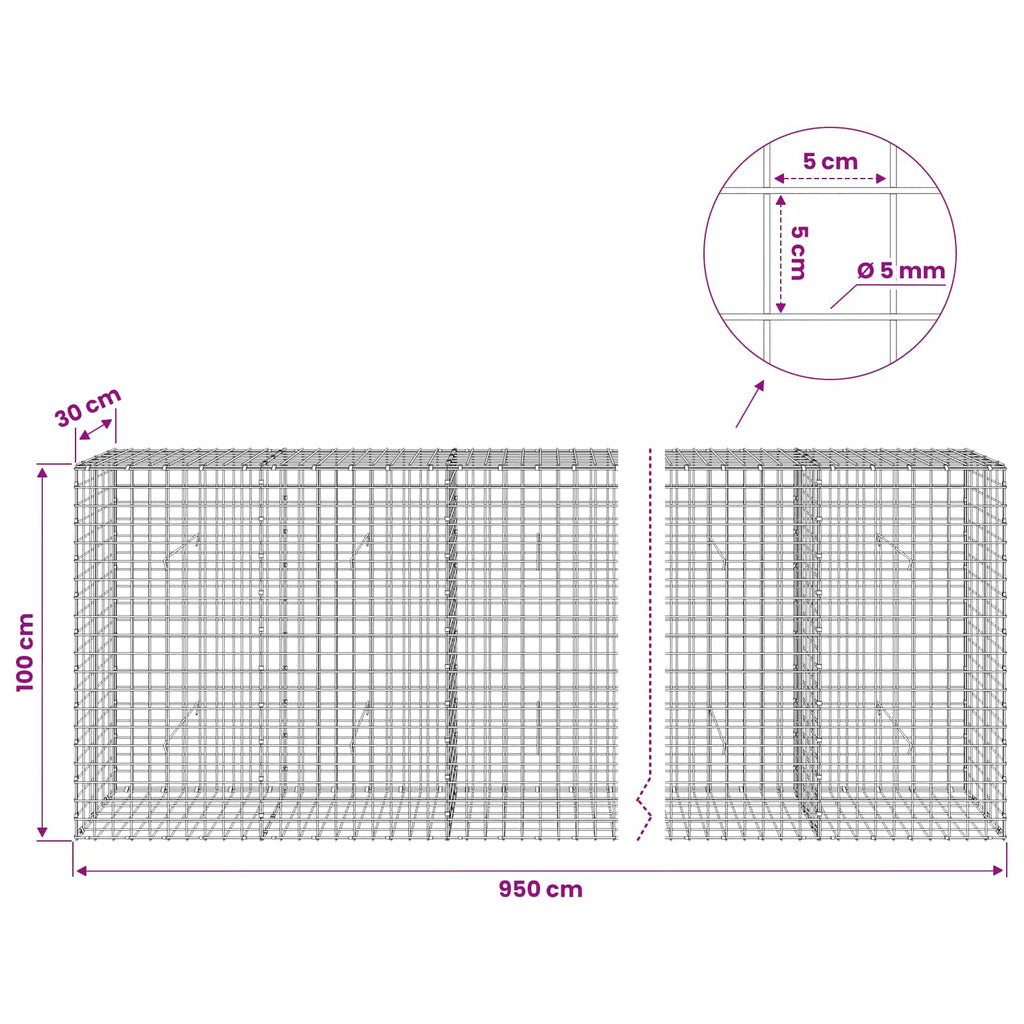 vidaXL Gabion z drutu 5 mm i siatką 5x5 cm 950x30x100 cm