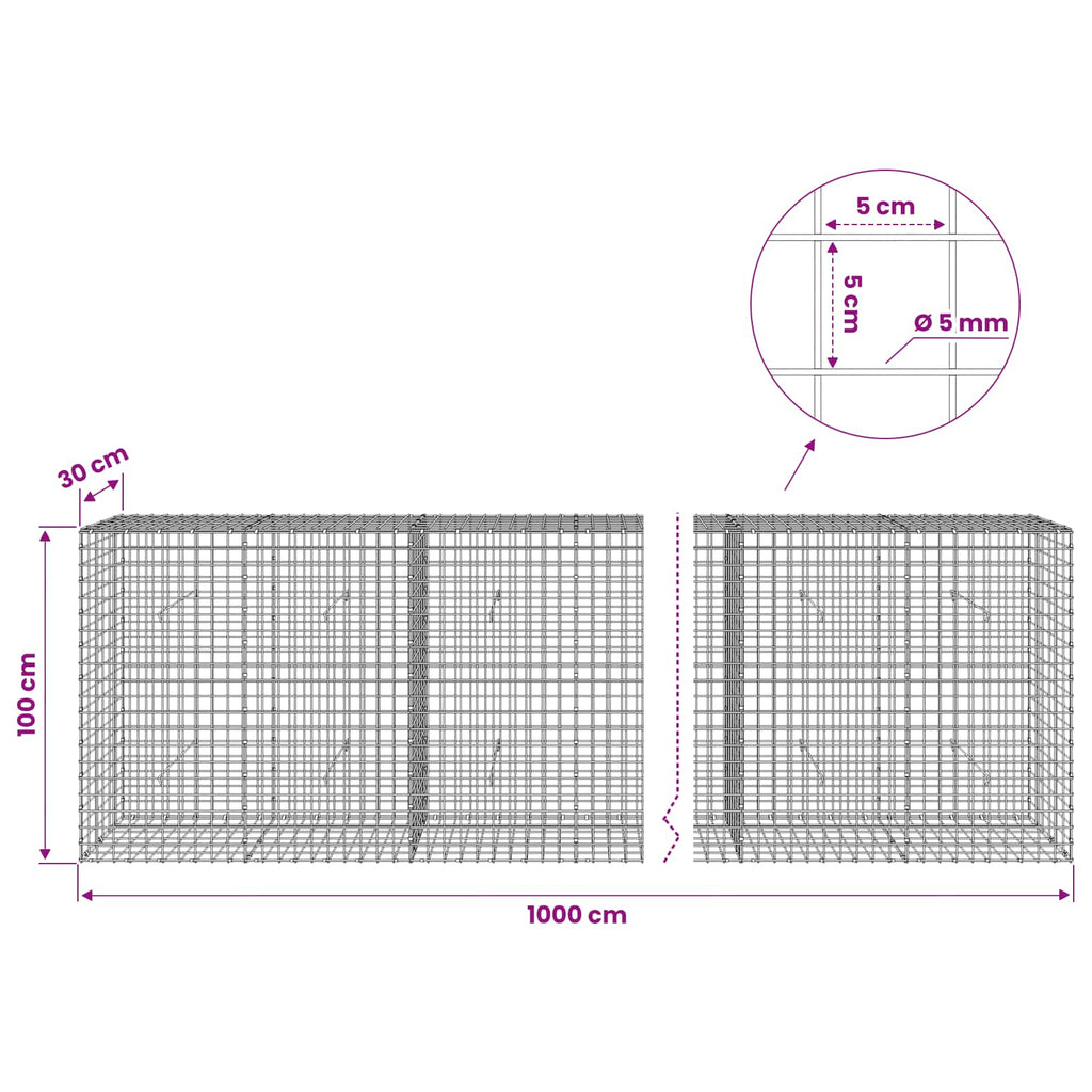 vidaXL Gabion z drutu 5 mm i siatką 5x5 cm 1000x30x100 cm