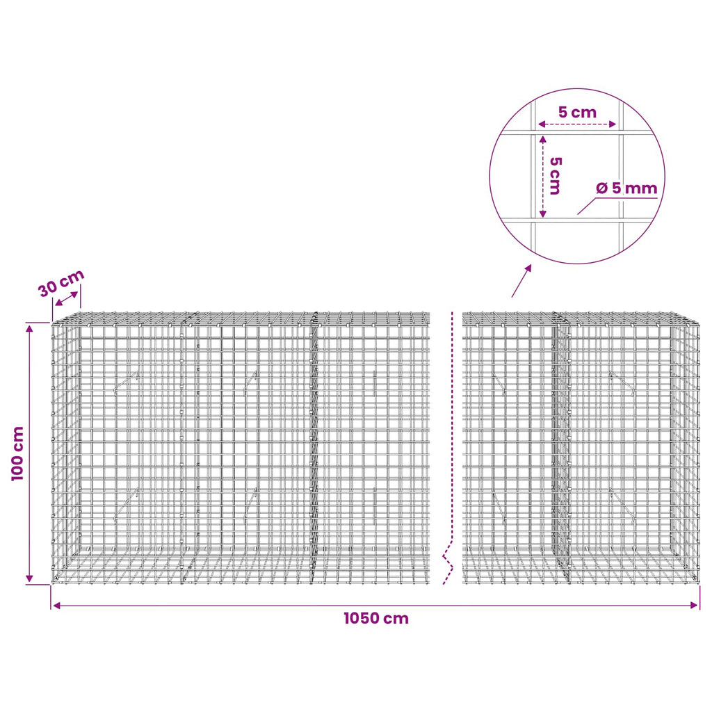 vidaXL Gabion z drutu 5 mm i siatką 5x5 cm 1050x30x100 cm