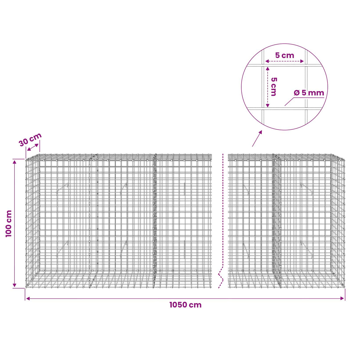 vidaXL Gabion z drutu 5 mm i siatką 5x5 cm 1050x30x100 cm